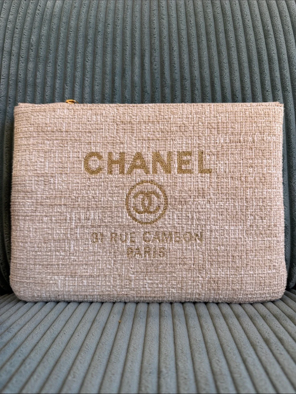 CHANEL Beige Tweed Zip Pouch and Wallet Set